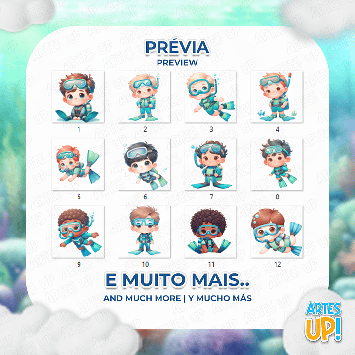 Kit Digital PNG Menino Mergulhador Clipart aquarela 2