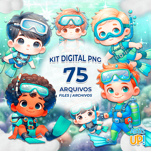 Kit Digital PNG Menino Mergulhador Clipart aquarela