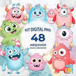 Kit digital PNG Mostro Mostrinho Acuarela Clipart