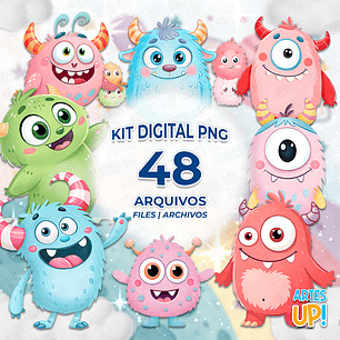 Kit Digital PNG Mostro Mostrinho aquarela Clipart 