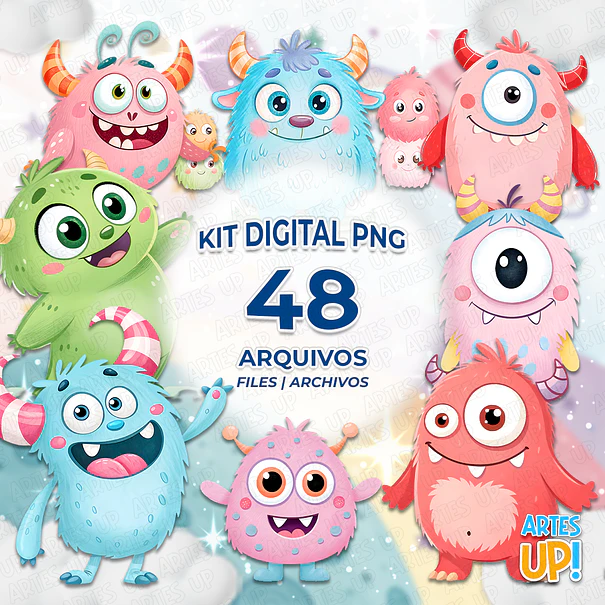 Kit Digital PNG Mostro Mostrinho aquarela Clipart  1