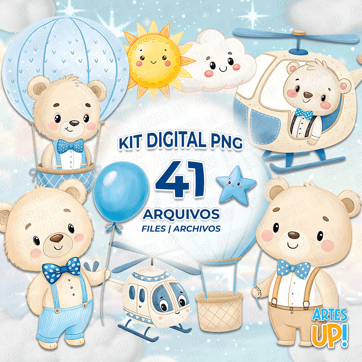 Kit Digital PNG Urso Baloeiro Azul Clipart  1