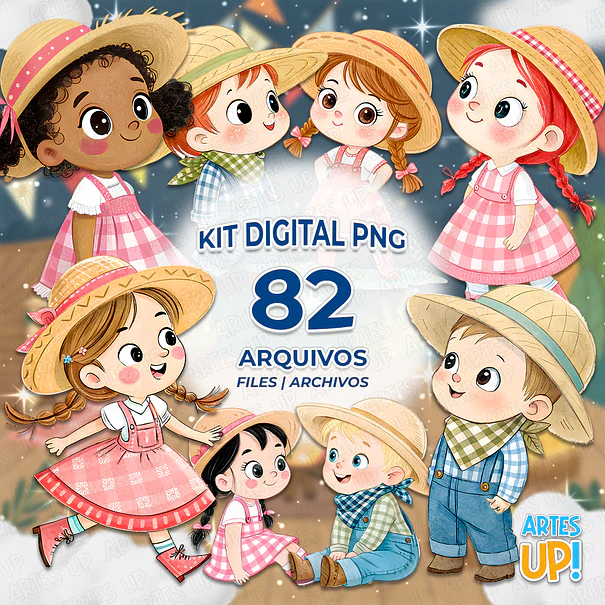 Kit Digital PNG Arraiá Festa Junina Niños Acuarela Clipart 1
