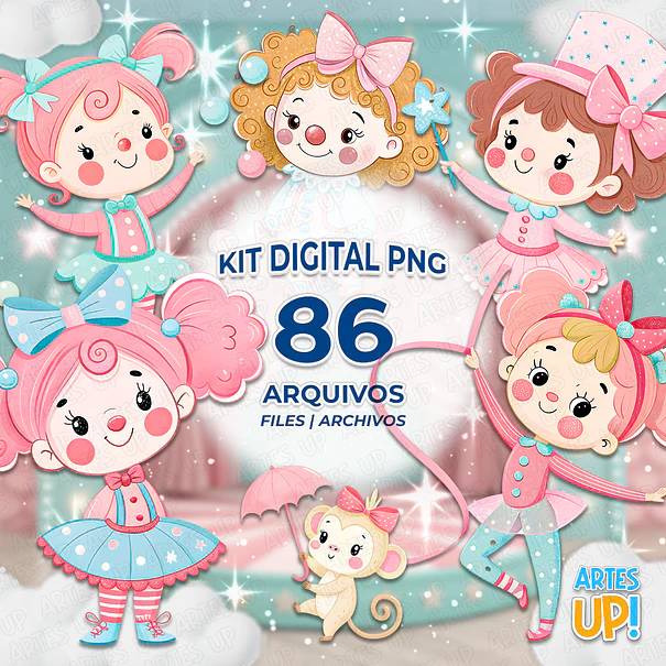 Kit Digital PNG Circo Rosa Menina aquarela Clipart  1