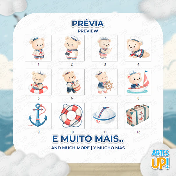 Kit Digital PNG Urso Marinheiro aquarela Clipart  2
