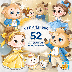 Kit digital de imágenes prediseñadas de acuarela de La Bella y la Bestia PNG