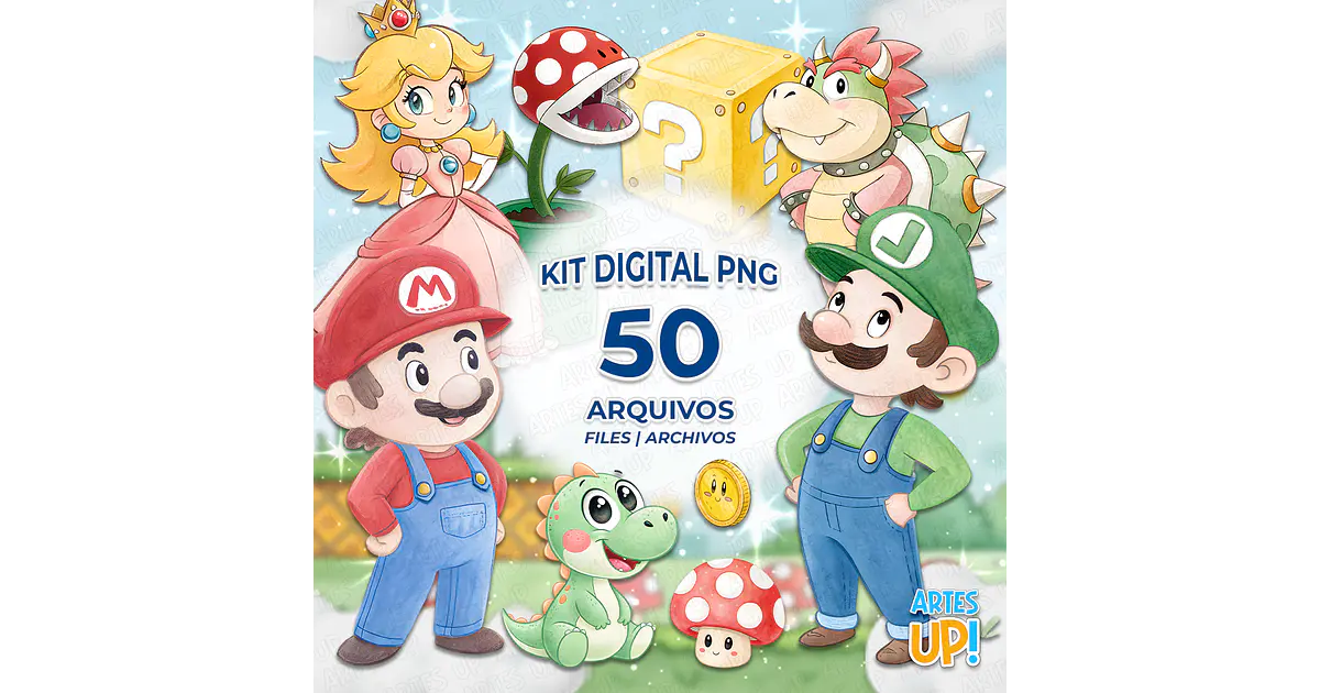 Kit Digital PNG Super Mario Aquarela — Clipart para Perso...