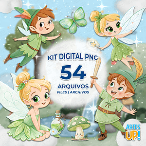 Kit digital PNG Campanilla y Peter Pan Acuarela Clipart