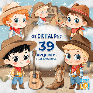 Kit Digital PNG Menino Cowboy Aquarela Clipart 