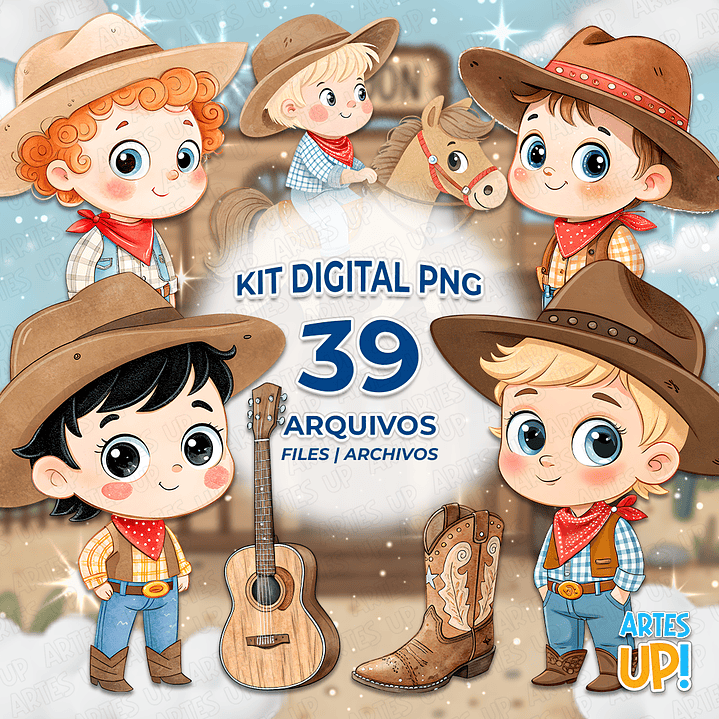 Kit Digital PNG Menino Cowboy Aquarela Clipart  1