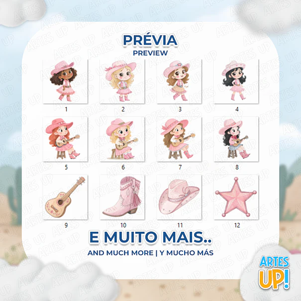 Kit PNG digital de chica vaquera con acuarela. 2