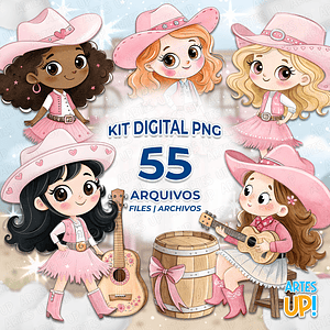 Kit PNG digital de chica vaquera con acuarela.