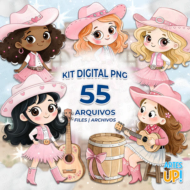 Kit PNG digital de chica vaquera con acuarela. 1