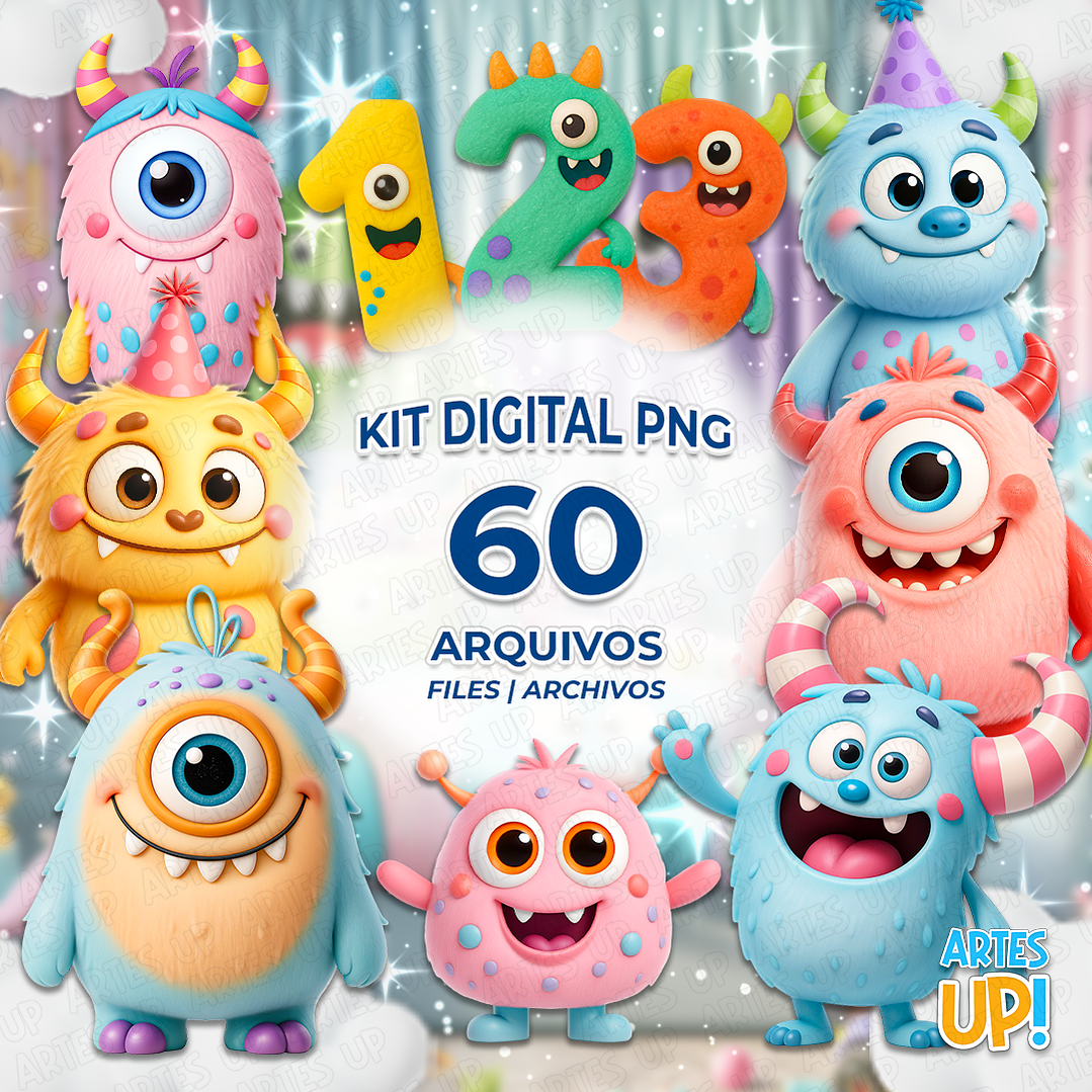 Kit Digital PNG Monstro Fofo 3D Clipart  1