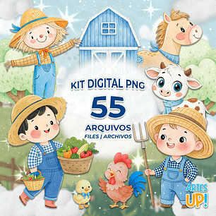 Kit Digital PNG Fazenda Azul Menino aquarela Clipart 