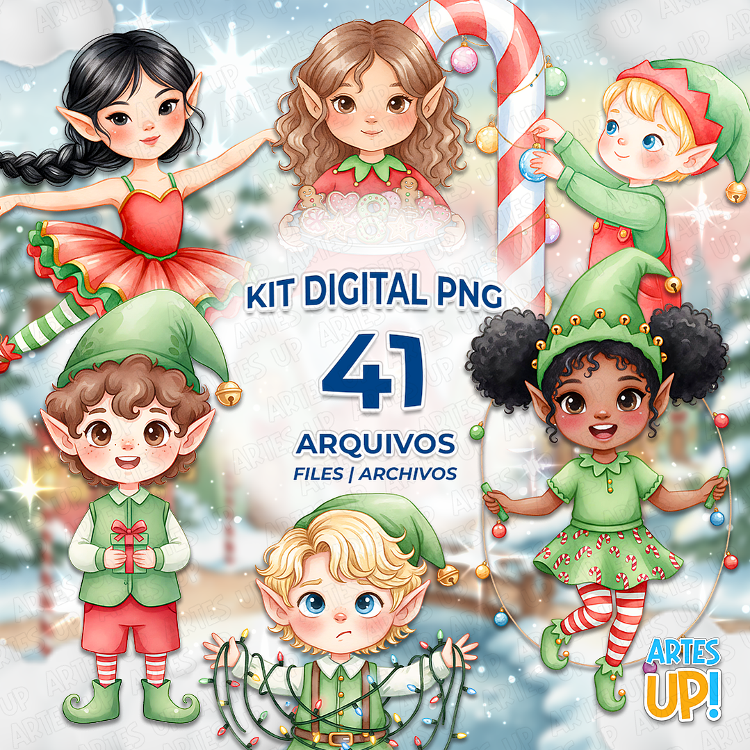 Kit Digital PNG Elfo Natal aquarela Clipart  1