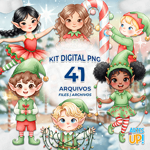 Kit Digital PNG Elfo Natal aquarela Clipart 