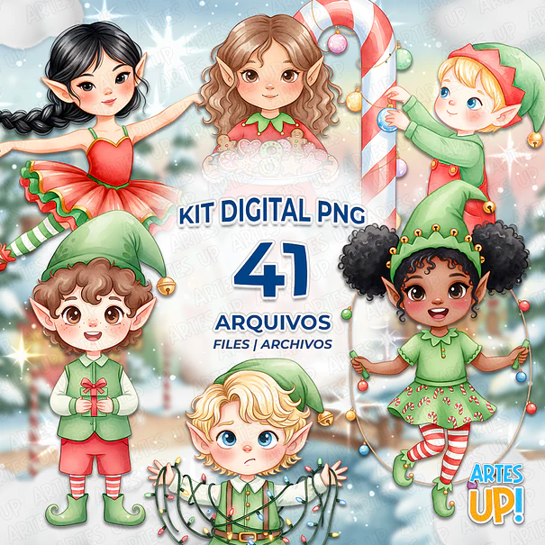 Kit PNG digital Elfo Navidad Acuarela Clipart 1
