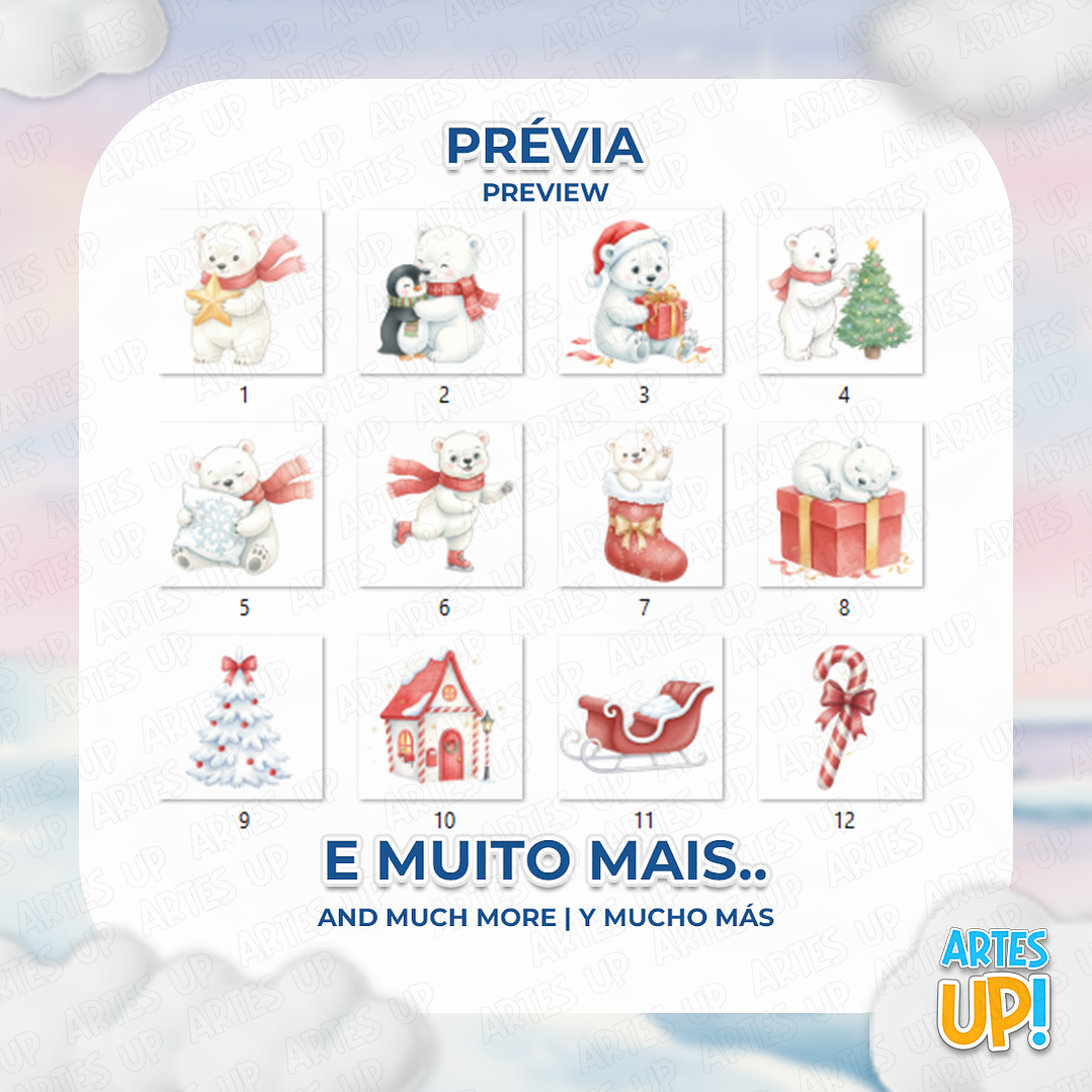 Kit Digital PNG Urso Polar Natal aquarela Clipart  2