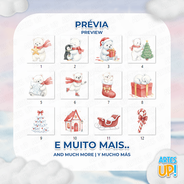 Kit Digital PNG Urso Polar Natal aquarela Clipart  2