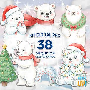 Kit Digital PNG Urso Polar Natal aquarela Clipart 