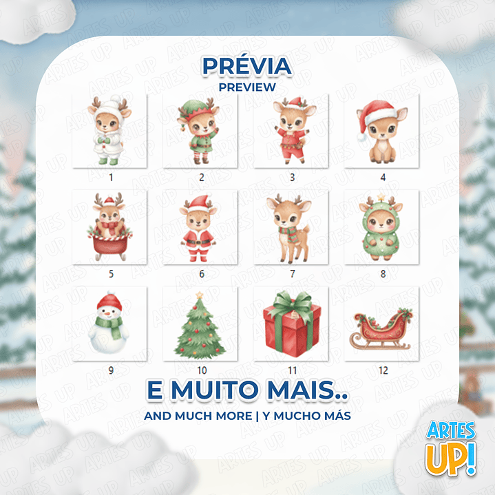 Kit Digital PNG Rena Natal Cute aquarela Clipart  2
