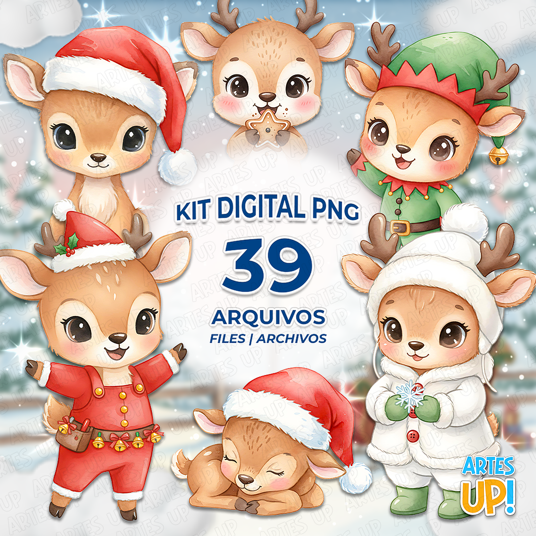 Kit Digital PNG Rena Natal Cute aquarela Clipart  1