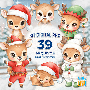 Kit Digital PNG Rena Natal Cute aquarela Clipart 