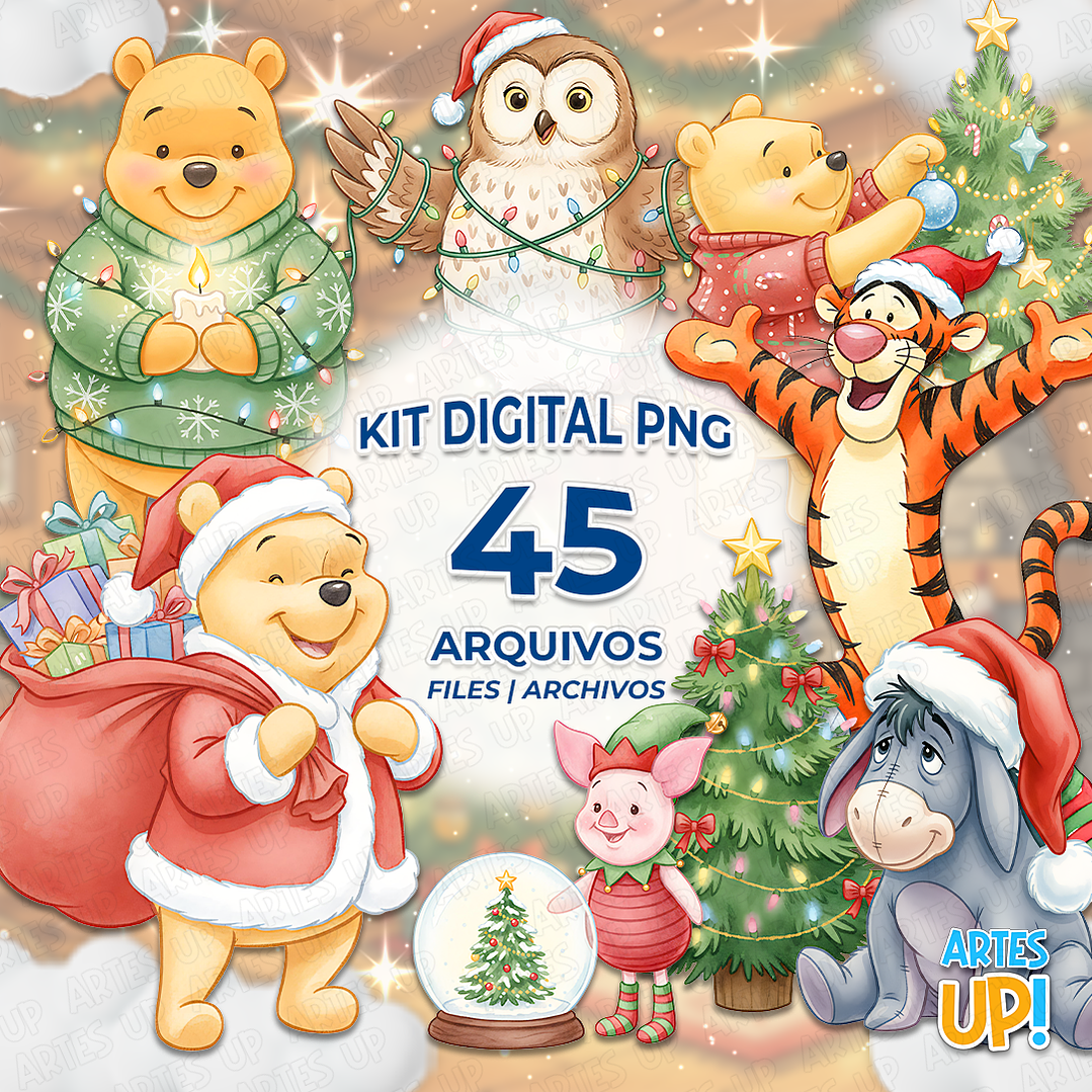 Kit Digital PNG Ursinho Pooh Natal aquarela Clipart  1