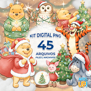 Kit Digital PNG Ursinho Pooh Natal aquarela Clipart 