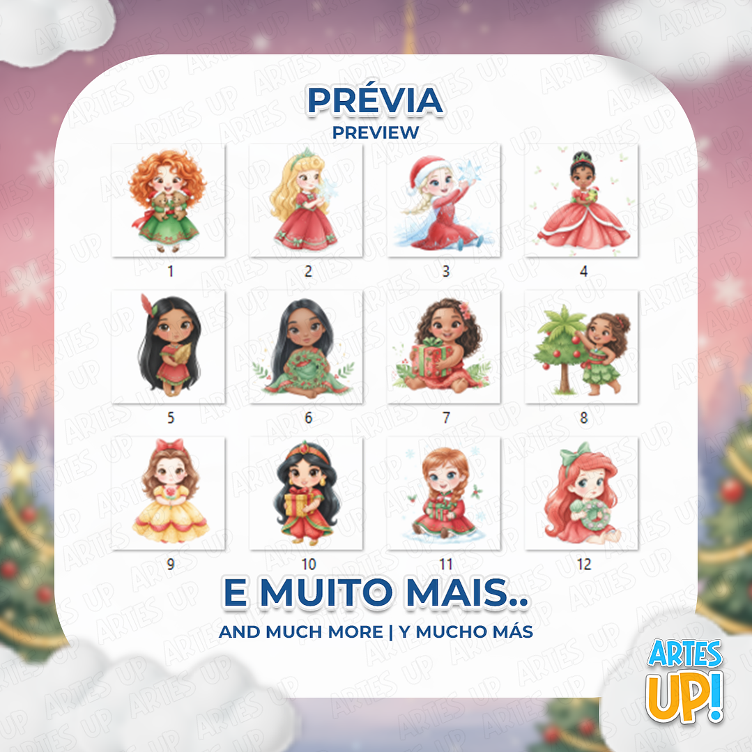 Kit Digital PNG Princesas Disney Natal aquarela Clipart  2