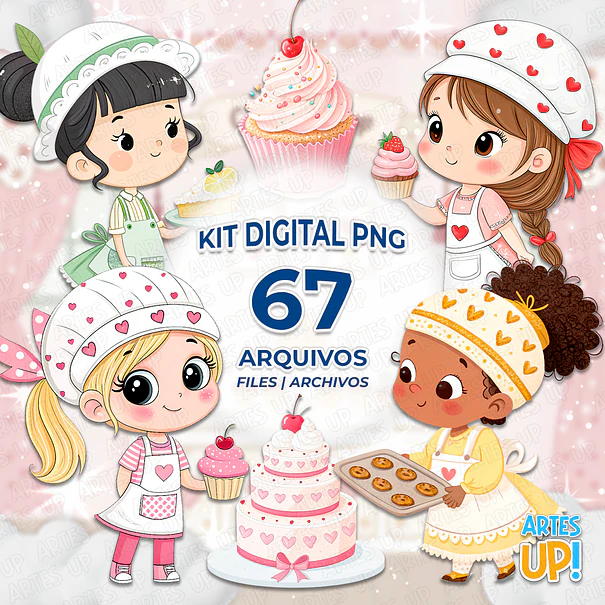 Kit Digital PNG Menina Confeitaria Cute aquarela Clipart  1