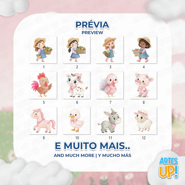 Kit Digital PNG Menina Fazenda Rosa Aquarela 2