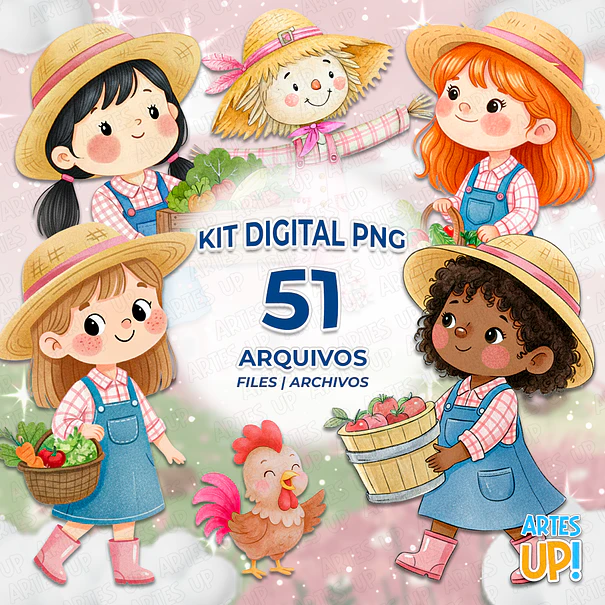 Kit Digital PNG Menina Fazenda Rosa Aquarela 1