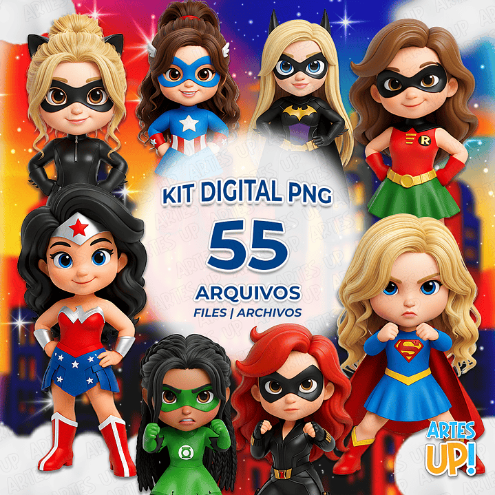 Kit Digital PNG Super Heroínas Cute 3D Clipart  1