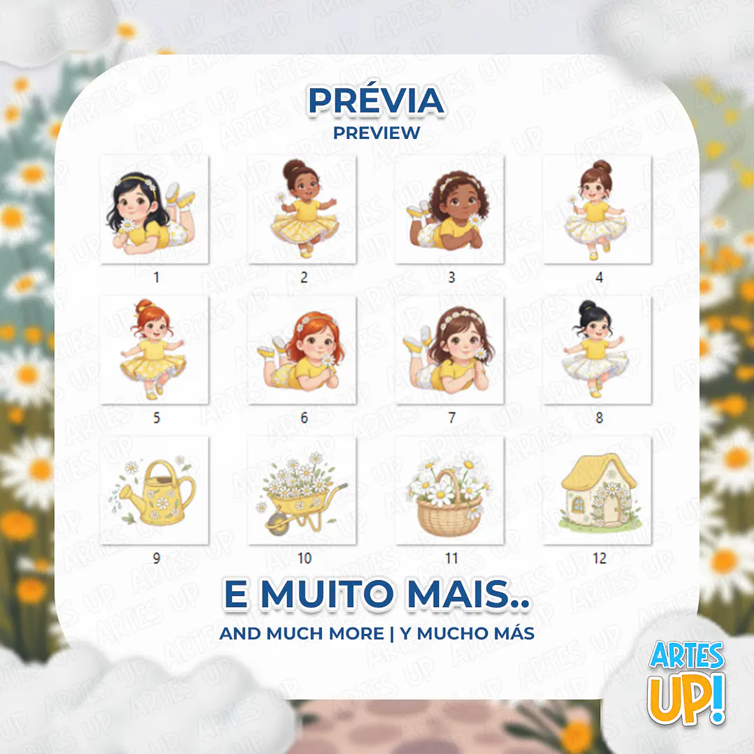 Kit Digital PNG Menina Jardim de Margarida aquarela Clipart  2