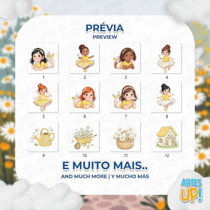 Kit Digital PNG Menina Jardim de Margarida aquarela Clipart  2
