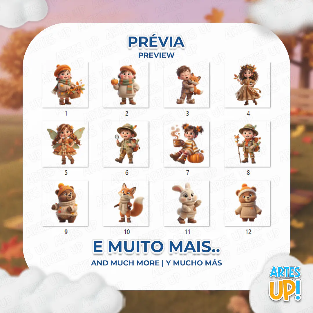 Lindo kit digital de imágenes prediseñadas 3D PNG de otoño 2
