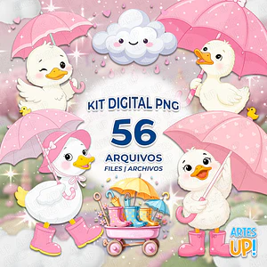 Kit Digital PNG Pato Fofo de Galocha rosa Clipart 