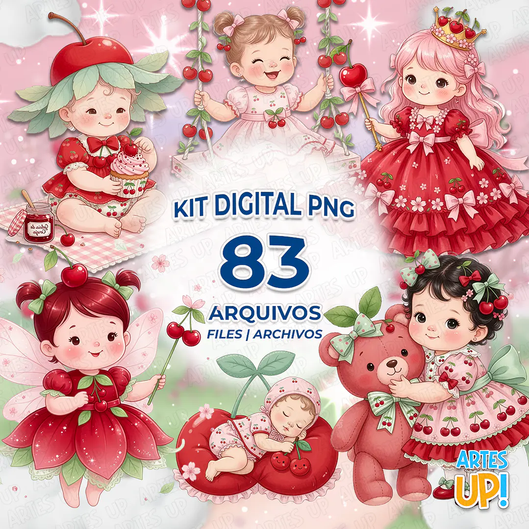 Kit digital PNG de imágenes prediseñadas de una linda niña cereza 1
