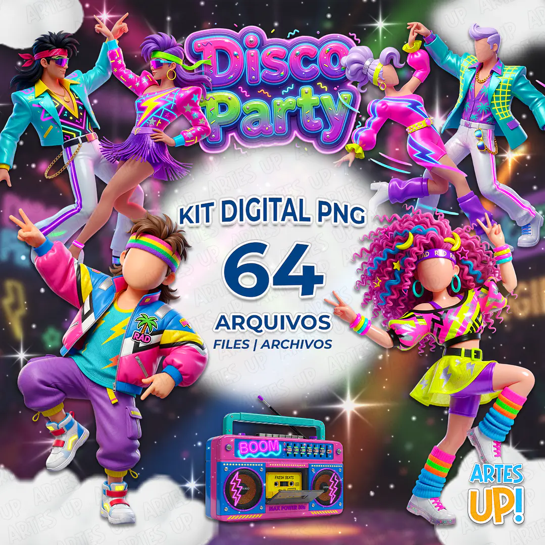 Kit PNG Digital Años 80 Disco 3D Clipart 1