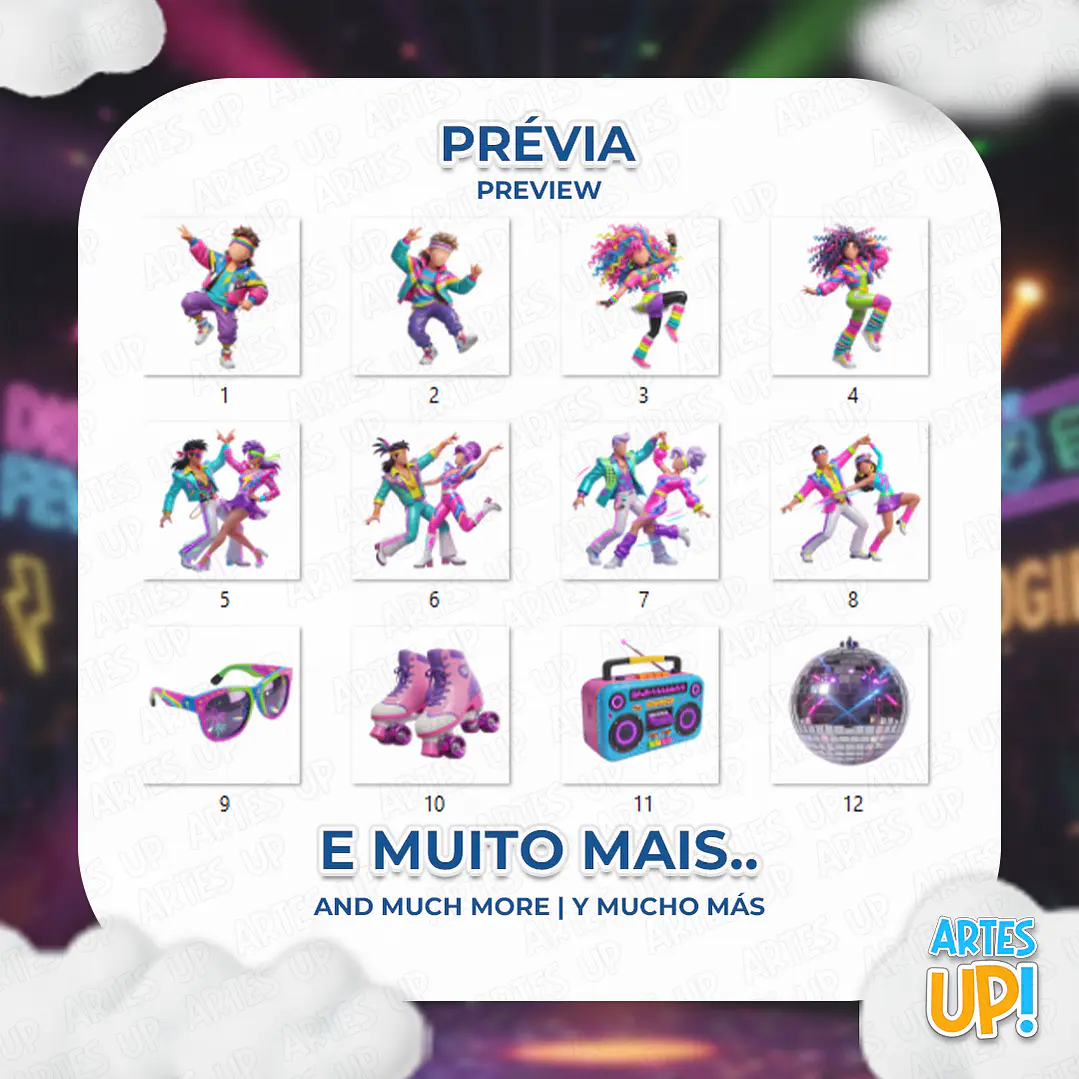 Kit PNG Digital Años 80 Disco 3D Clipart 2