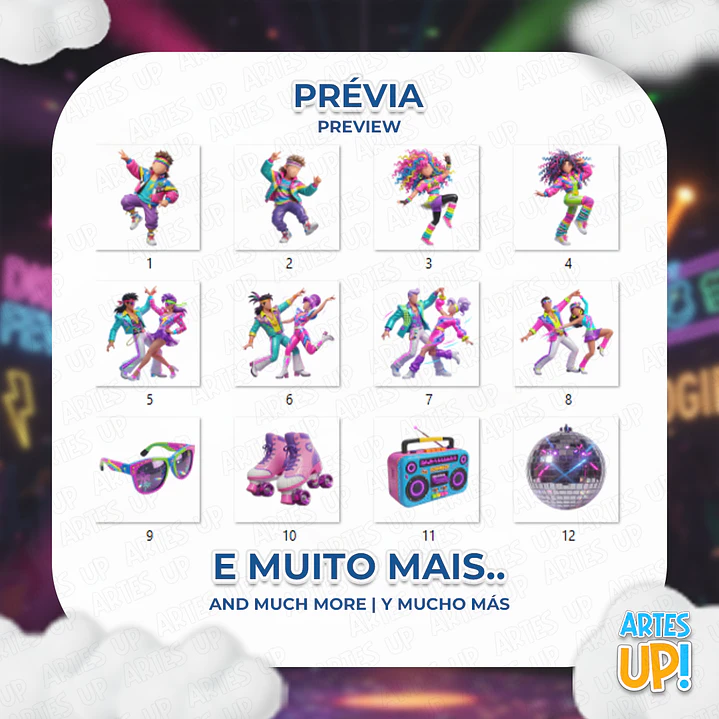 Kit PNG Digital Años 80 Disco 3D Clipart 2