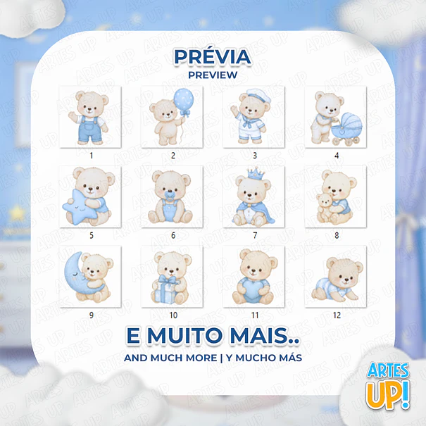 Kit Digital PNG Urso Baby Azul Aquarela 2