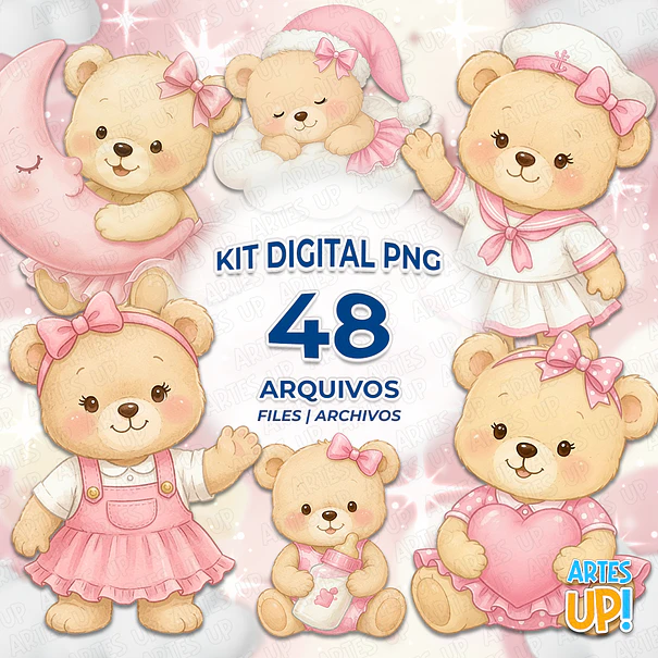 Kit Digital PNG Ursa Baby Rosa Aquarela 1