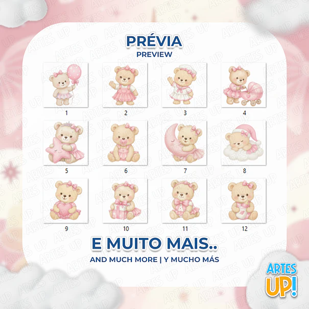 Kit Digital PNG Ursa Baby Rosa Aquarela 2
