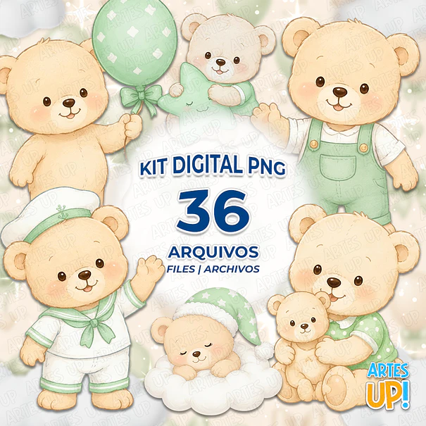 Kit Digital PNG Urso Baby Verde Aquarela 1