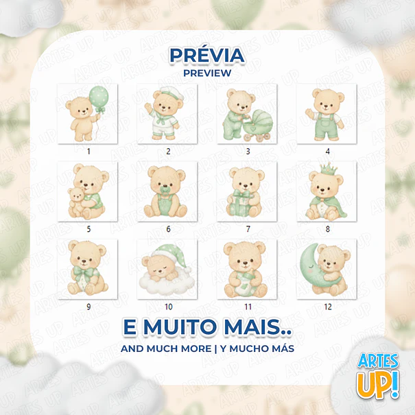 Kit Digital PNG Urso Baby Verde Aquarela 2