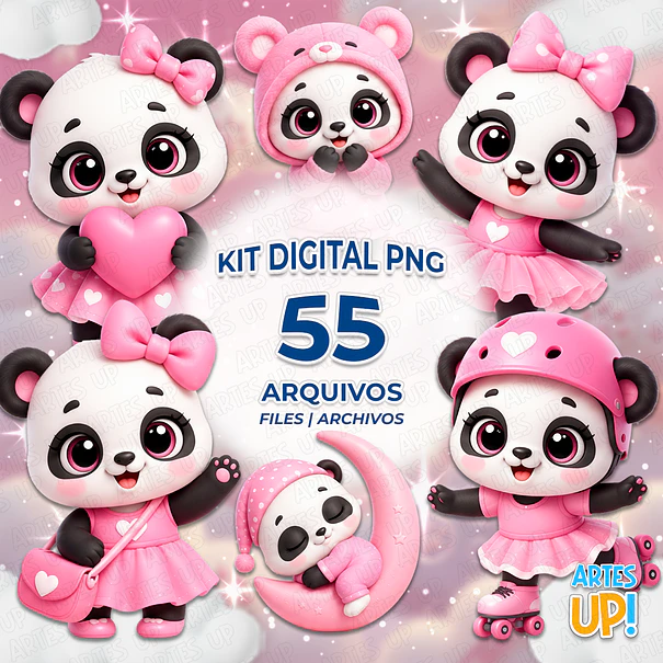 Kit Digital PNG Panda Rosa Fofa 3D 1