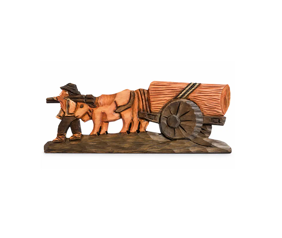 Tallado madera carreta yunta de bueyes pastor  3